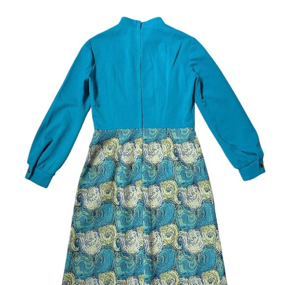 70s vintage mockneck maxi dress long bishop sleeve abstract pattern union made. - Picture 6 of 8